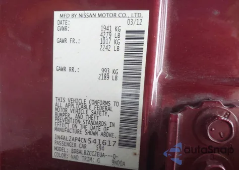 2012 Nissan Altima 2.5 S from USA, damaged, VIN 1N4AL2AP4CN541617